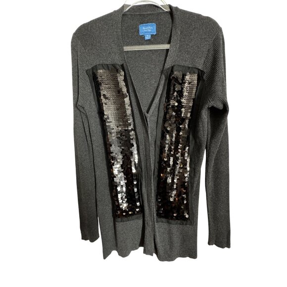 SimplyVera Vera Wang Gray Cardigan With Sequin Panels Medium Sweater Knit Cute - Picture 1 of 7